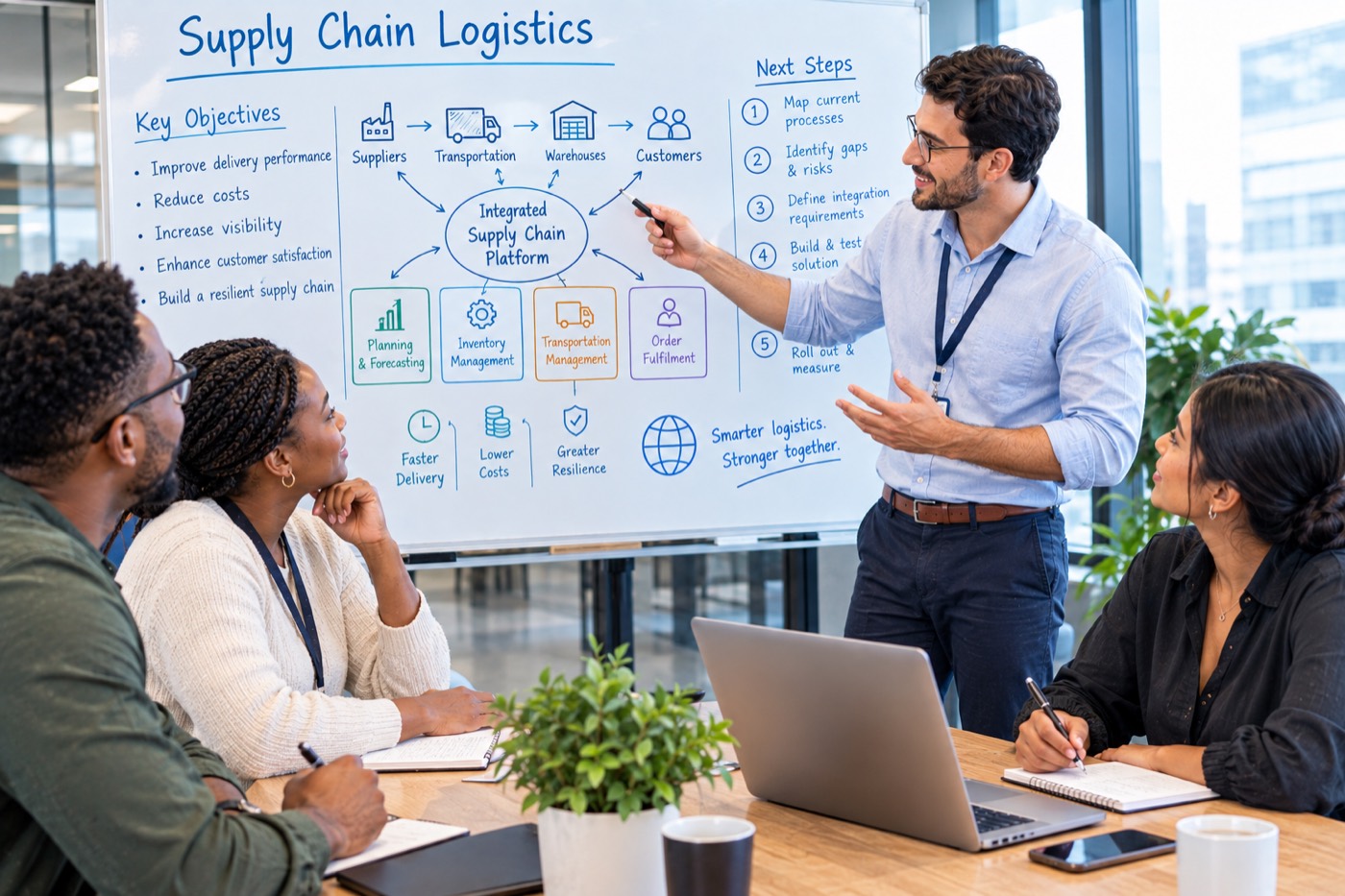 Consultant presenting a supply chain logistics integration plan on a whiteboard